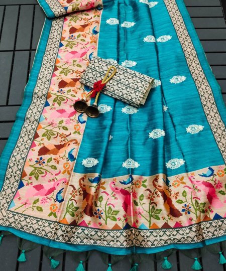 Sea Blue Tussar Silk Saree dvz0003894