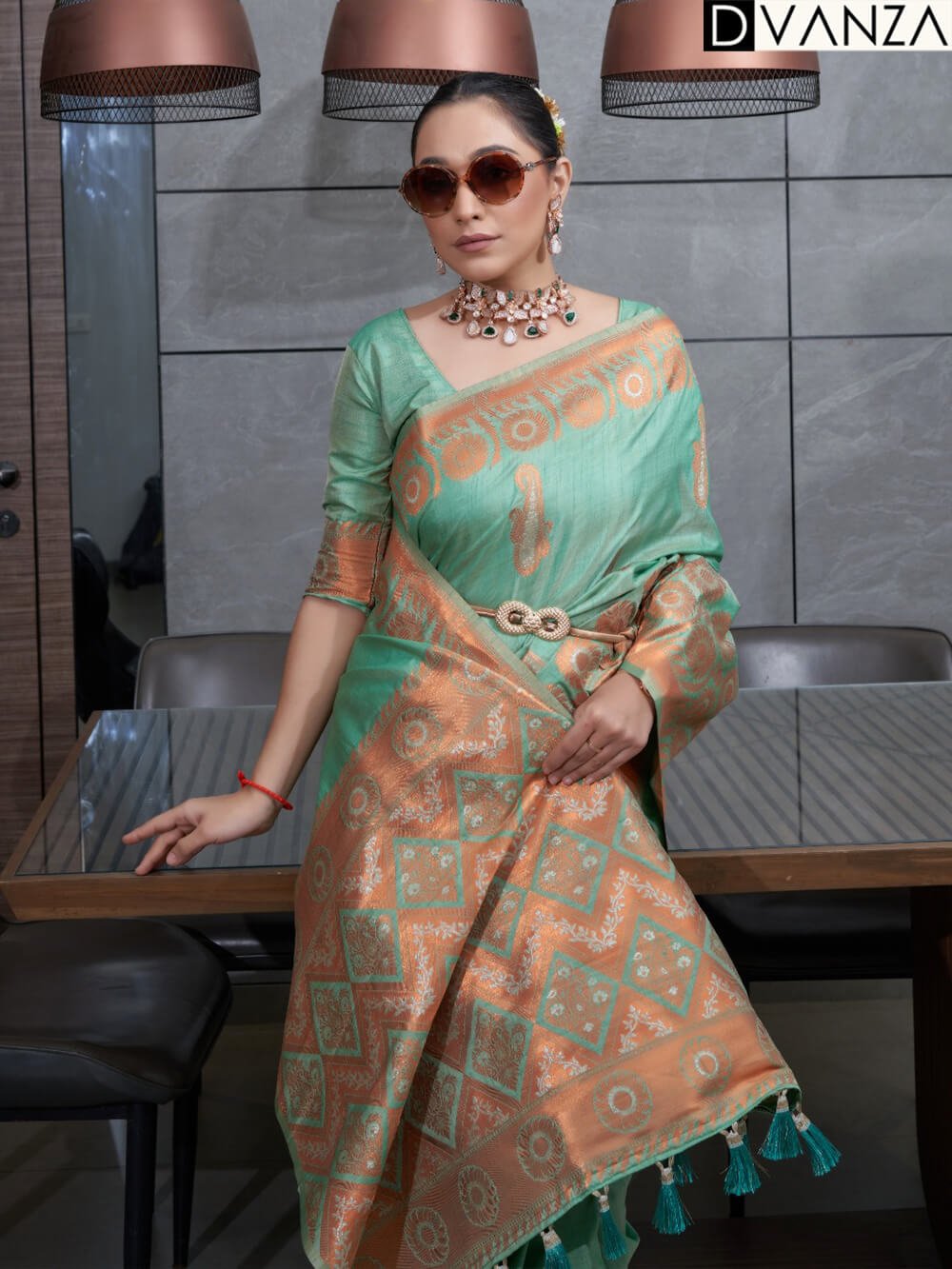 Sea Green Woven Design Copper Cotton Saree DVZ0003738-2