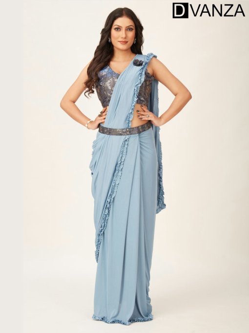 Sky Blue Fancy Ready to Wear Saree with Belt and Flower Brooch DVZ0003533