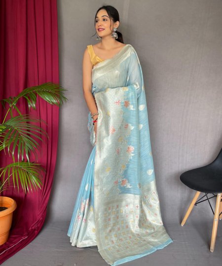 Sky Blue Linen Silk Saree dvz0003898