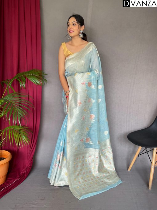 Sky Blue Linen Silk Saree dvz0003898