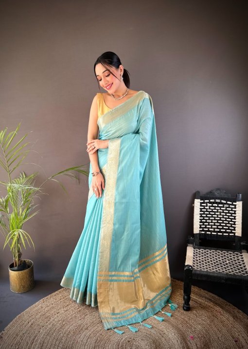 Sky Blue Trendy Zari Woven Cotton Saree DV412-3