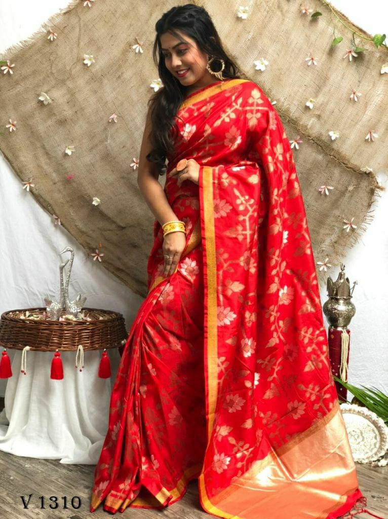Buy Party Wear Red Weaving Soft Silk Saree Online From Surat Wholesale Shop.
