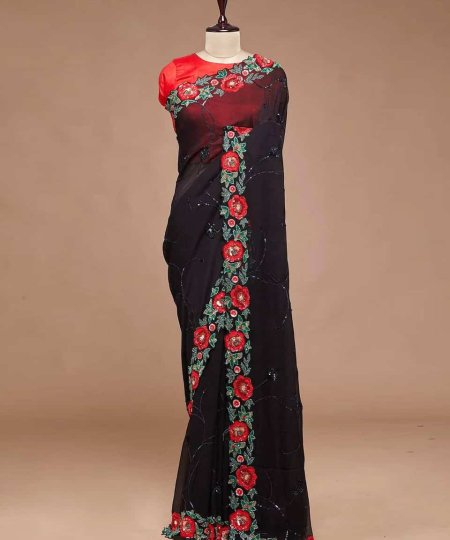 Stunning Black colour Flower Embroidered saree dvz0003547-4