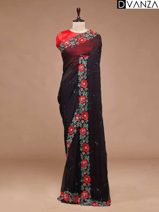 Stunning Black colour Flower Embroidered saree dvz0003547-4