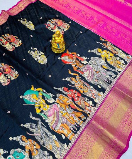 Black color Kalamkari printed saree with silk border