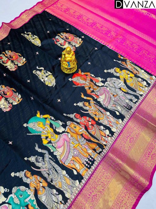 Black color Kalamkari printed saree with silk border