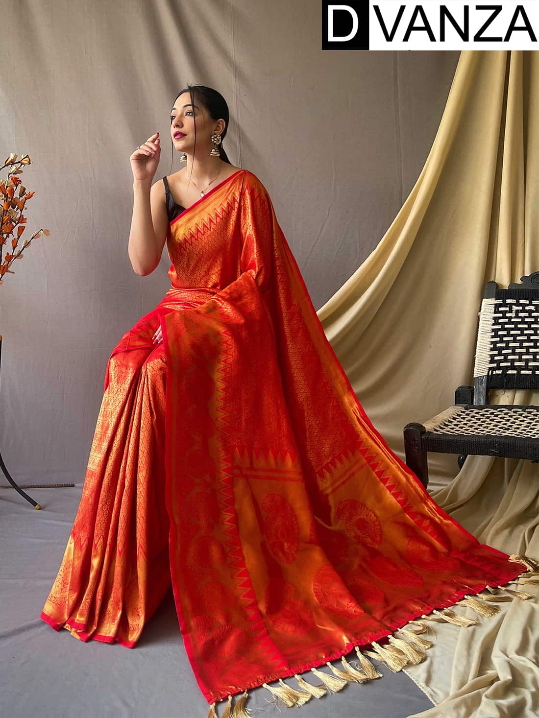 RED AND GOLD SILK KANCHIPURAM TISSUE SAREE - Binal Patel