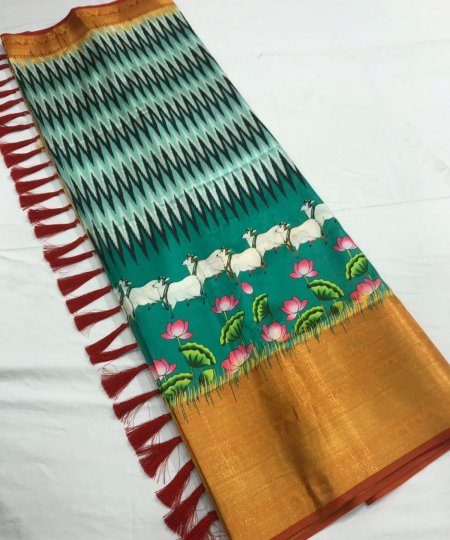 Trending sea Green Kanchipuram Digital Printed Saree dvz0003415