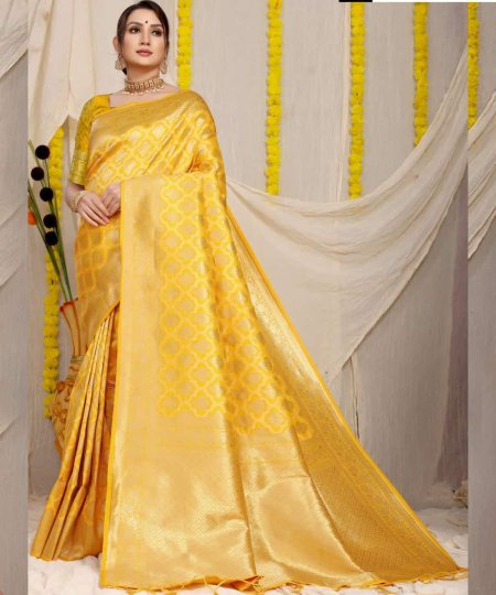 Unique Yellow silk saree for wedding Ceremony dvz0003537