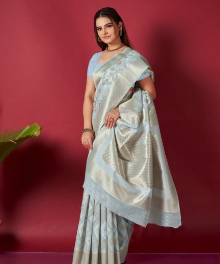 Women sky blue Trending Linen silk woven Saree dvz0003528