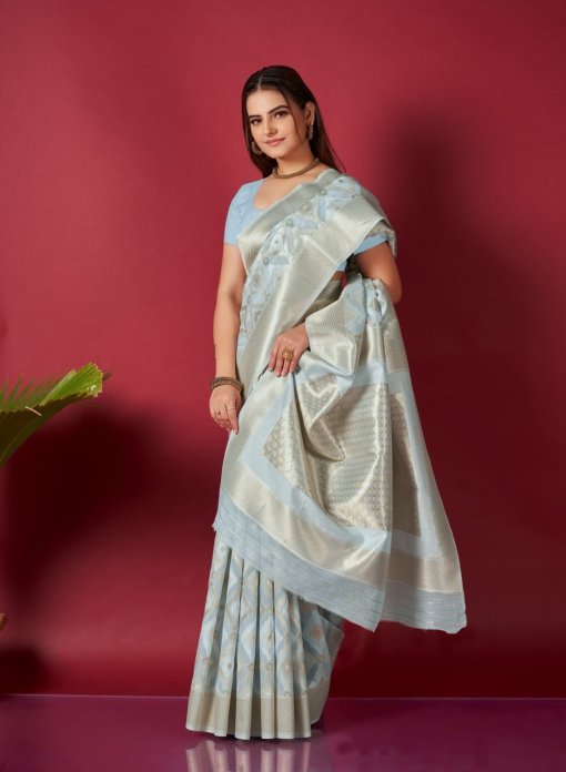 Women sky blue Trending Linen silk woven Saree dvz0003528