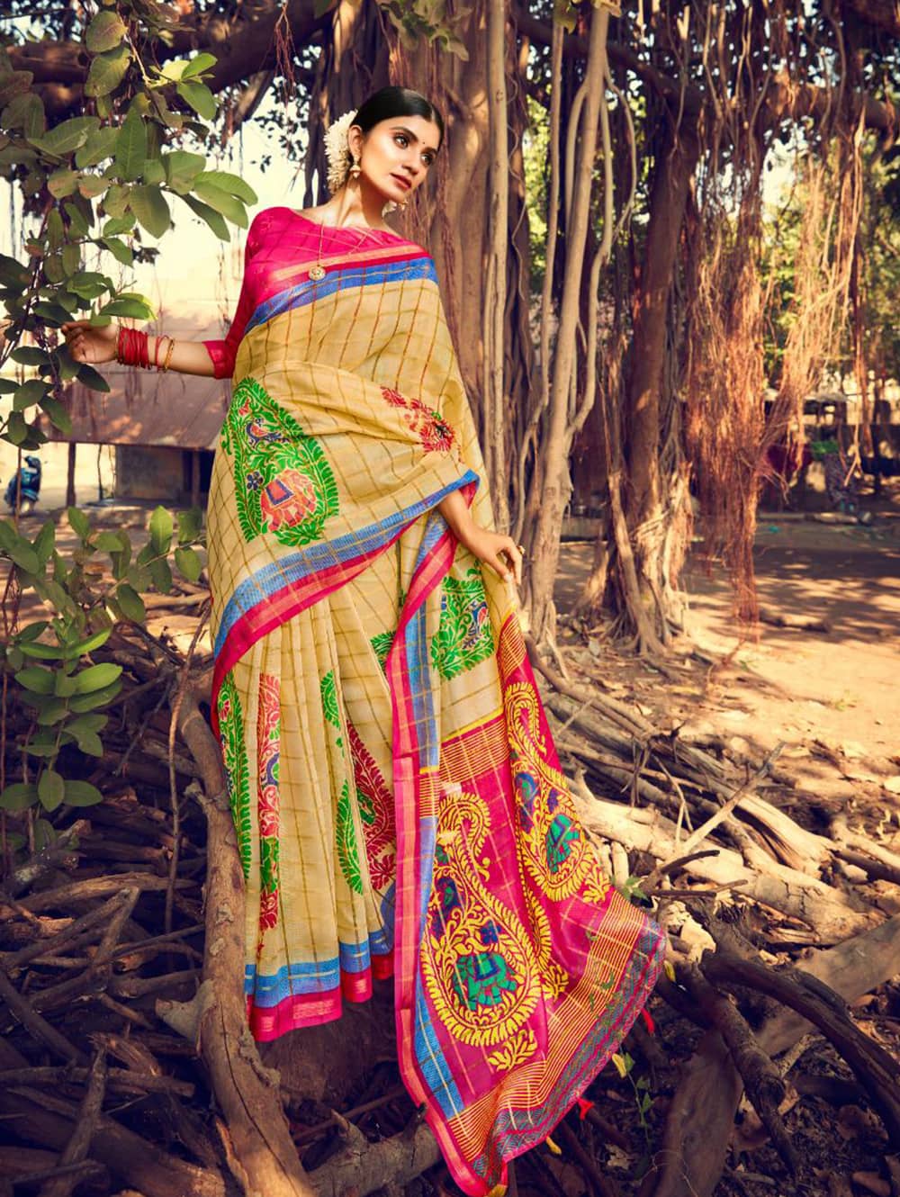 Women's Beautiful Printed Linen check pattern saree dvz0002580