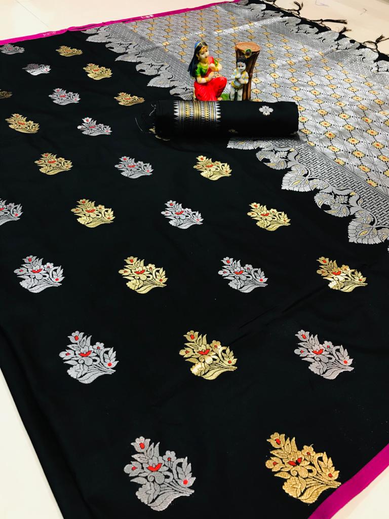 Women's Black Lichi silk woven saree dvz0002070