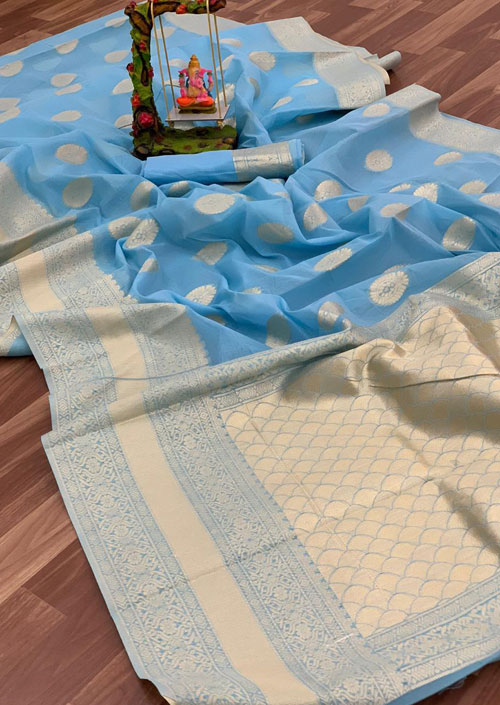 Women's Linen silk saree with Blouse (Sky Blue) dvz000036