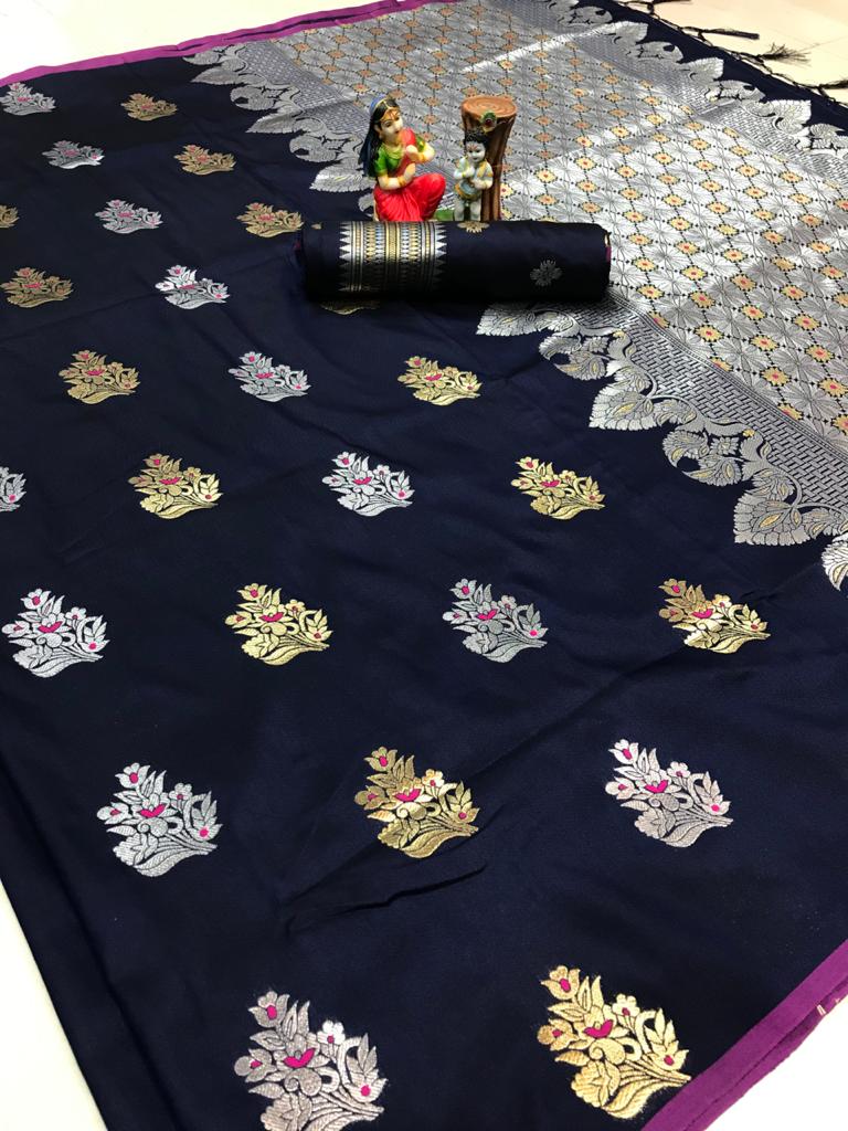 Women's Navy Blue Lichi silk woven saree dvz0002069