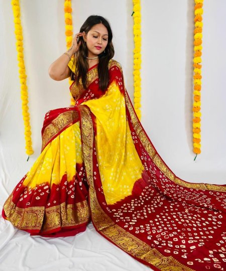 Yellow Bandhani Saree With Unstitched Blouse Piece DVZ0003973