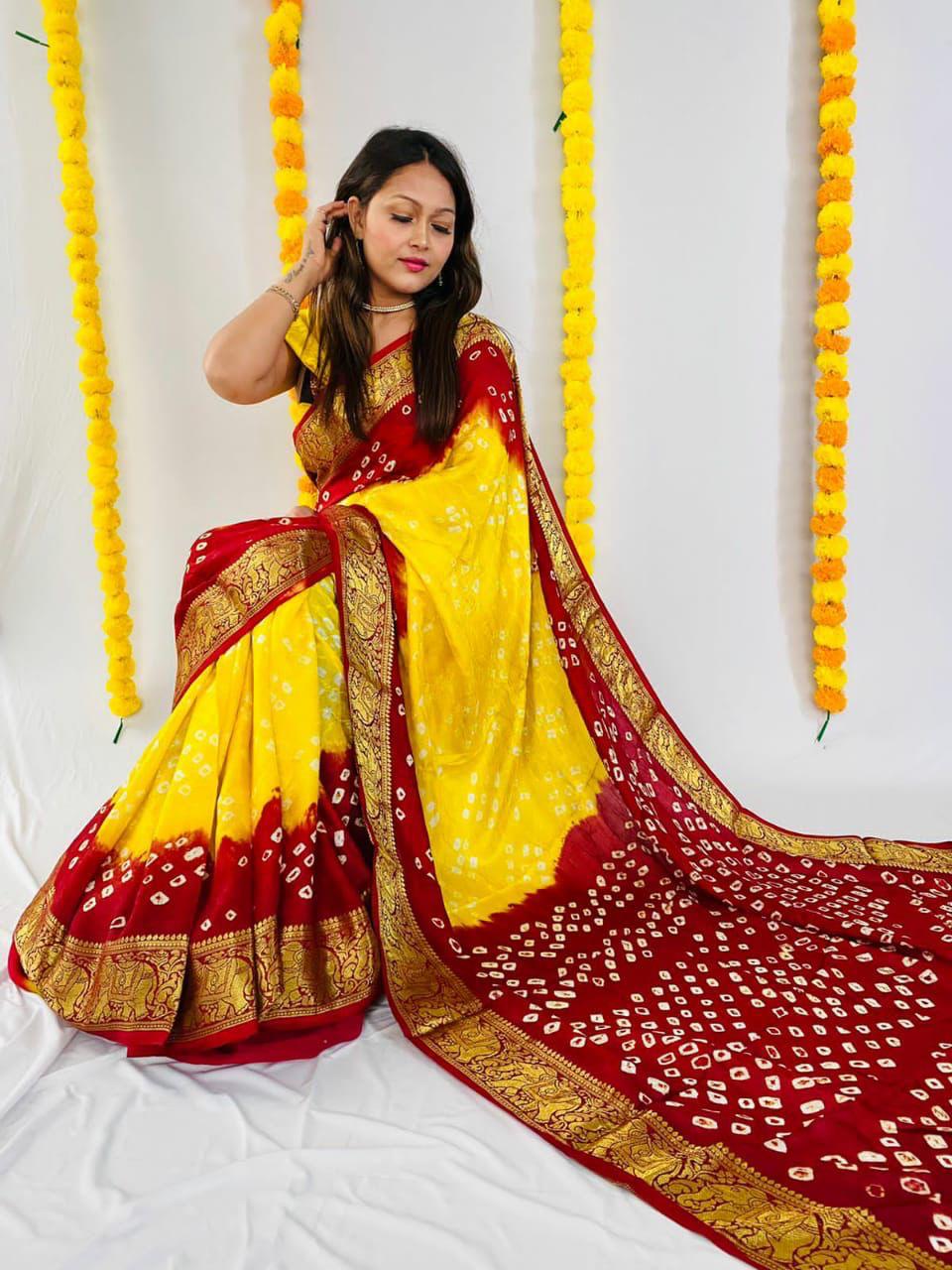 Yellow Bandhani Saree With Unstitched Blouse Piece DVZ0003973