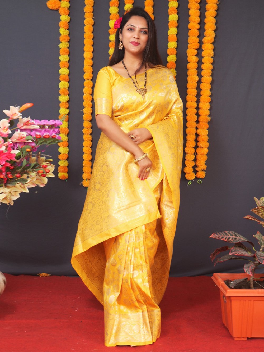 Yellow Kanjivaram Silk Saree with Embroidery Work - Urban Womania