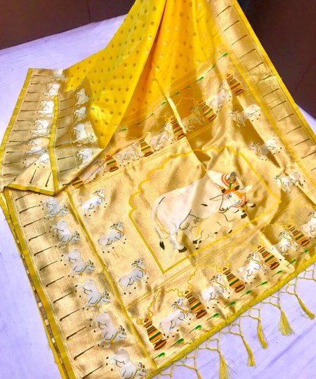 Yellow Kanchipuram Silk Saree with Cow Pattern Woven Border