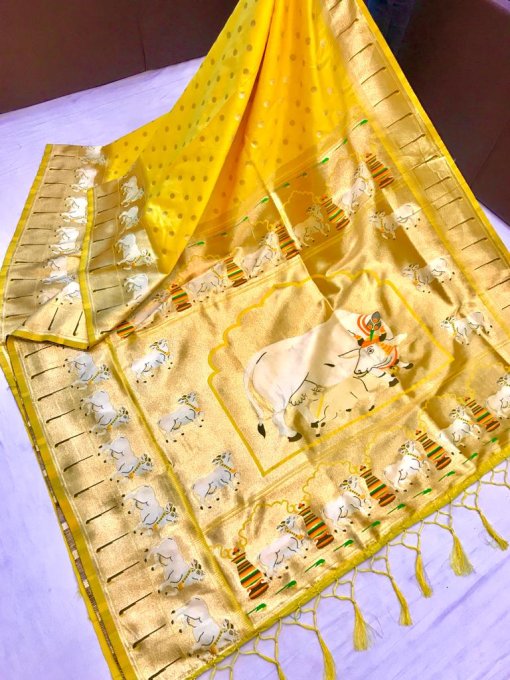 Yellow Kanchipuram Silk Saree with Cow Pattern Woven Border