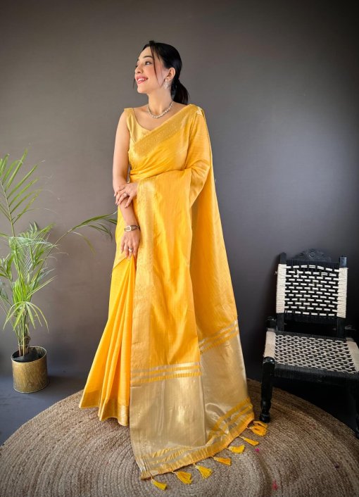 Yellow Trendy Zari Woven Cotton Saree DV412-2