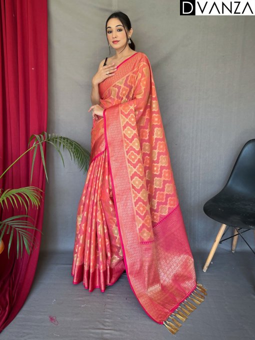 A pure tissue silk saree with gold zari and multi-colored weaving - dvz0003598