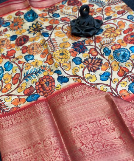 Banarasi Silk Sarees with Kalamkari Print Weaving Border