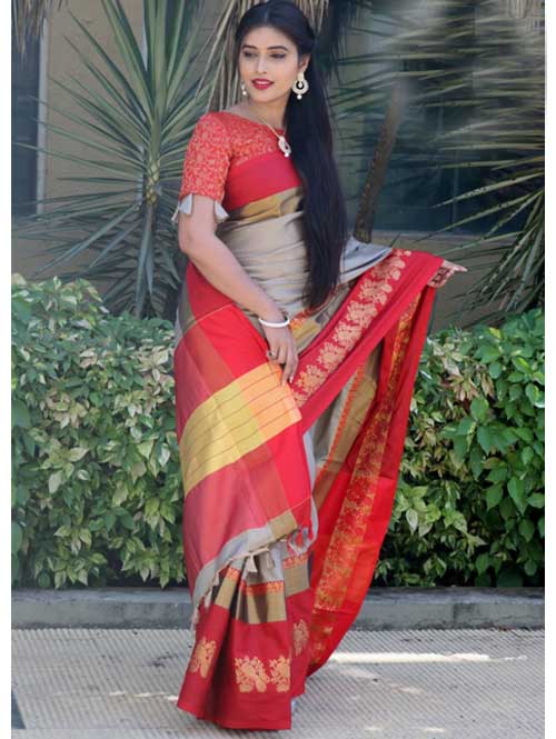 Beige Cotton Silk Saree with Extra Blose Piece - Rich Mayurica - buy silk sarees online