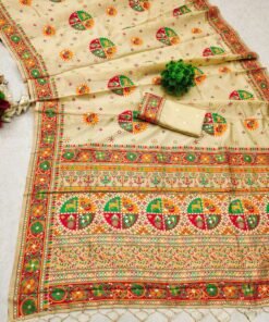 Beige Kashmiri Pashmina Silk Saree with intricate Meena weaving and fancy tassels.