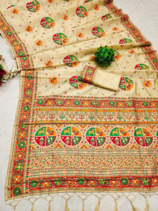 Beige Kashmiri Pashmina Silk Saree with intricate Meena weaving and fancy tassels.