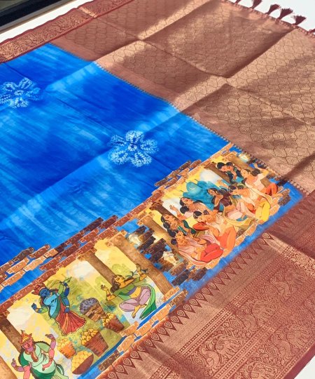 Blue Soft Banarasi Silk Kalamkari Block Print unique saree - dvz0003609