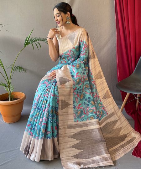 Blue Tusser Sarees with Kalamkari Prints all over - dvz0003292