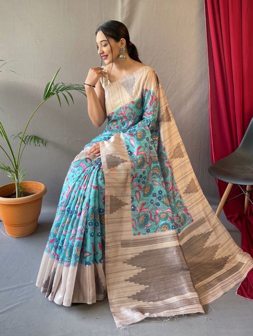 Blue Tusser Sarees with Kalamkari Prints all over - dvz0003292