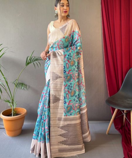 Blue Tusser Sarees with Kalamkari Prints all over - dvz0003292