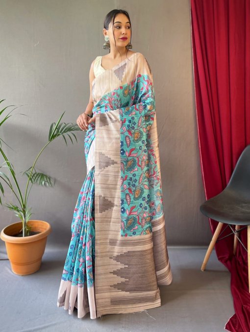 Blue Tusser Sarees with Kalamkari Prints all over - dvz0003292