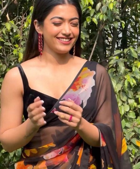 Bollywood Trending Rashmika Designer Faux Georgette Printed Saree and Velvet Blouse