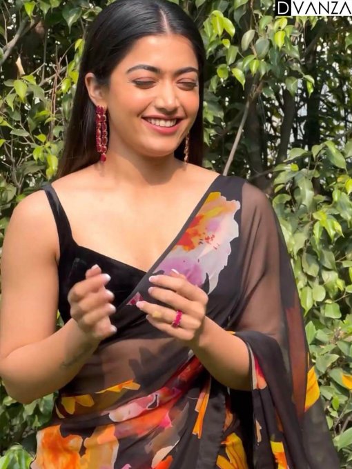 Bollywood Trending Rashmika Designer Faux Georgette Printed Saree and Velvet Blouse