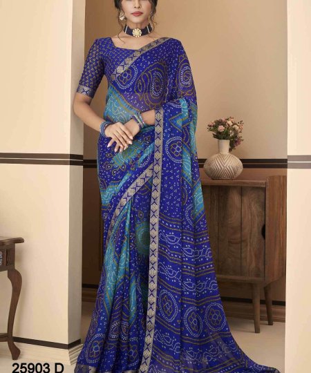 Buy Bandhani Printed Chiffon Saree with Attached Border, Jari, and Tassels Online in Best Quality - dvz0003804