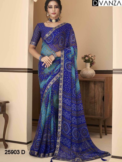 Buy Bandhani Printed Chiffon Saree with Attached Border, Jari, and Tassels Online in Best Quality - dvz0003804