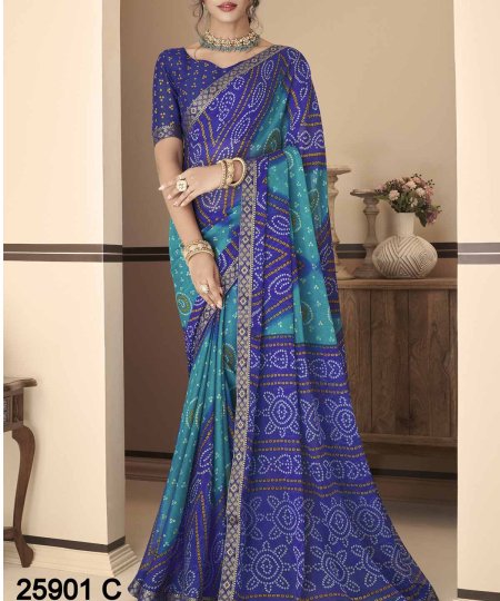 Buy Bandhani Printed Chiffon Saree with Attached Border, Jari, and Tassels Online in Best Quality - dvz0003805