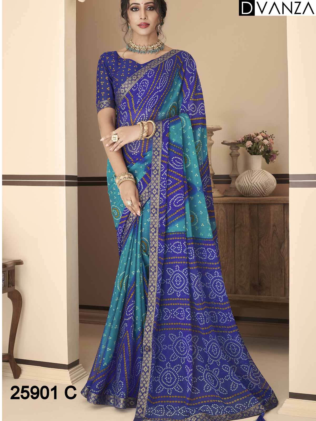 Buy Bandhani Printed Chiffon Saree with Attached Border, Jari, and Tassels Online in Best Quality - dvz0003805