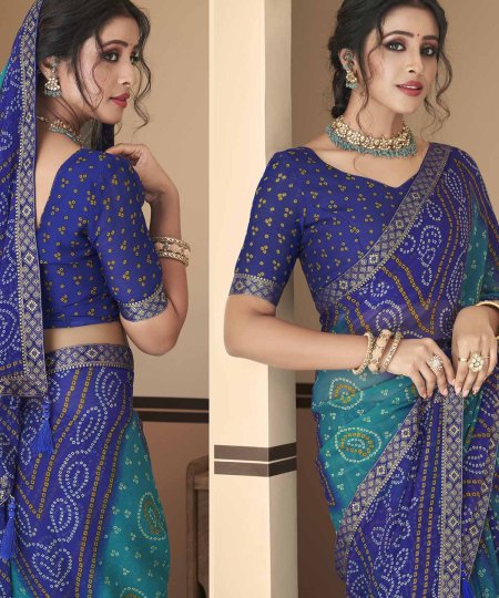 Buy Bandhani Printed Chiffon Saree with Attached Border, Jari, and Tassels Online in Best Quality - dvz0003805