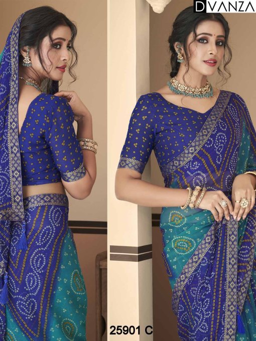 Buy Bandhani Printed Chiffon Saree with Attached Border, Jari, and Tassels Online in Best Quality - dvz0003805