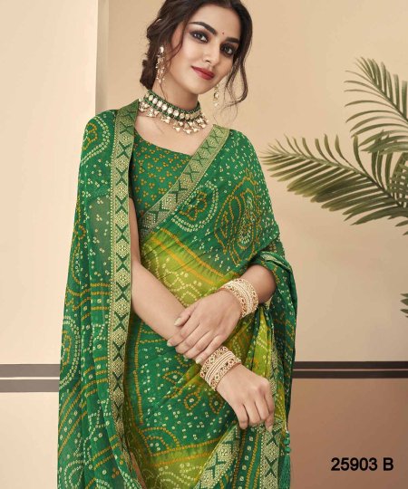 Buy Bandhani Printed Chiffon Saree with Attached Border, Jari, and Tassels Online in Best Quality - dvz0003806