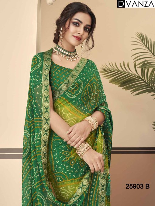 Buy Bandhani Printed Chiffon Saree with Attached Border, Jari, and Tassels Online in Best Quality - dvz0003806