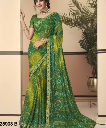 Buy Bandhani Printed Chiffon Saree with Attached Border, Jari, and Tassels Online in Best Quality - dvz0003806