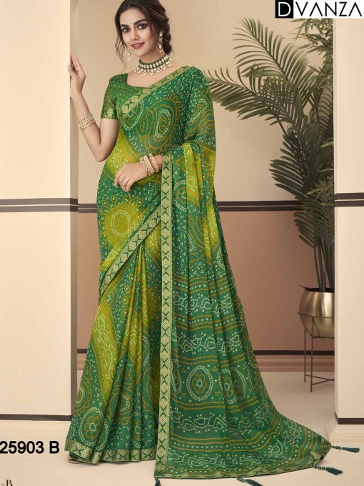 Buy Bandhani Printed Chiffon Saree with Attached Border, Jari, and Tassels Online in Best Quality - dvz0003806