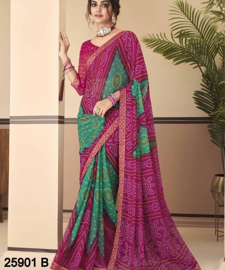 Buy Bandhani Printed Chiffon Saree with Attached Border, Jari, and Tassels Online in Best Quality - dvz0003807