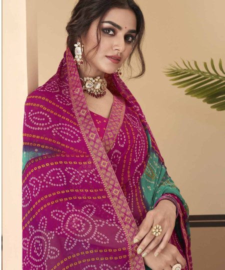 Buy Bandhani Printed Chiffon Saree with Attached Border, Jari, and Tassels Online in Best Quality - dvz0003807